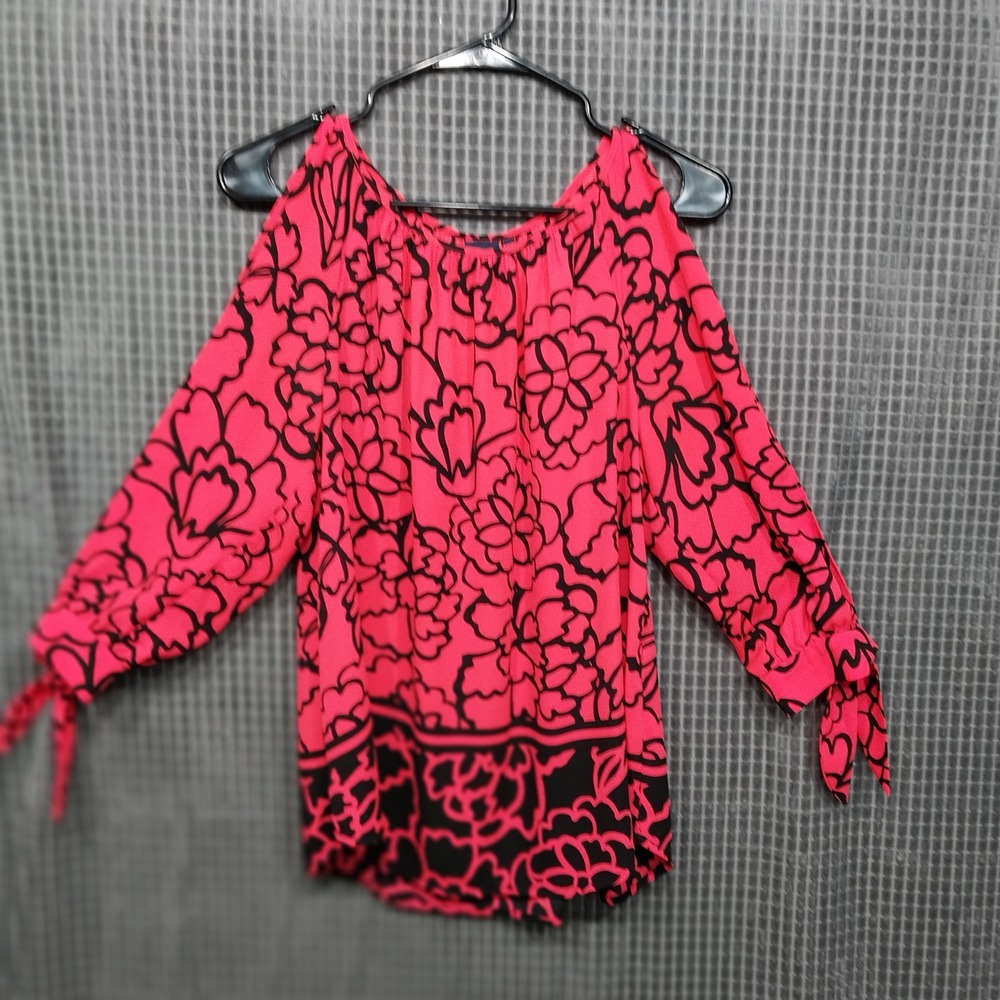 Kaari Blue Womens Blouse Floral Tie Sleeve Scoop Neck M Pink Black